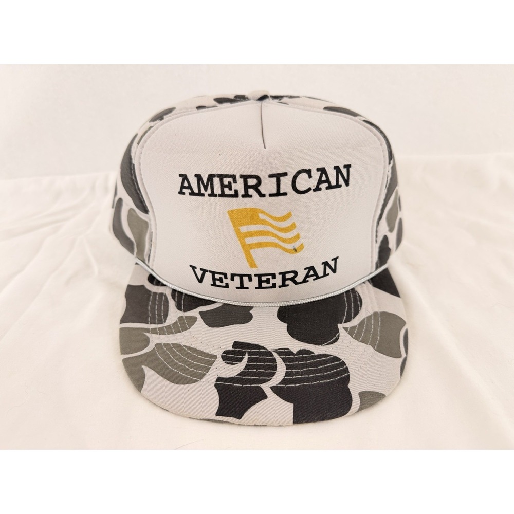 Vintage American Veteran Snapback Hat Camo Foam Front Trucker Patriotic USA Cap